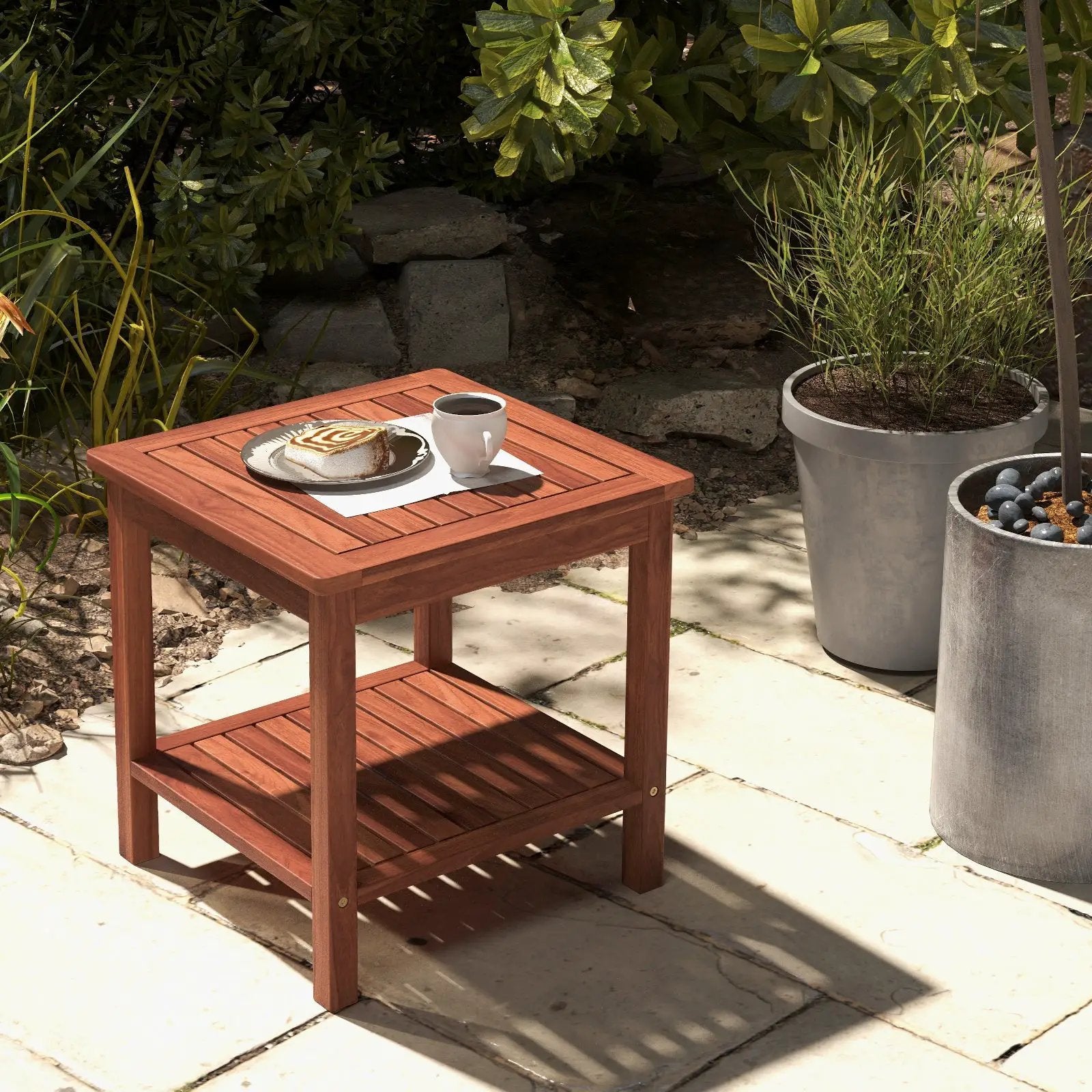 Set of 2 Double-Tier Acacia Wood Patio Side Table with Slatted Tabletop and Shelf by DirectDeals
