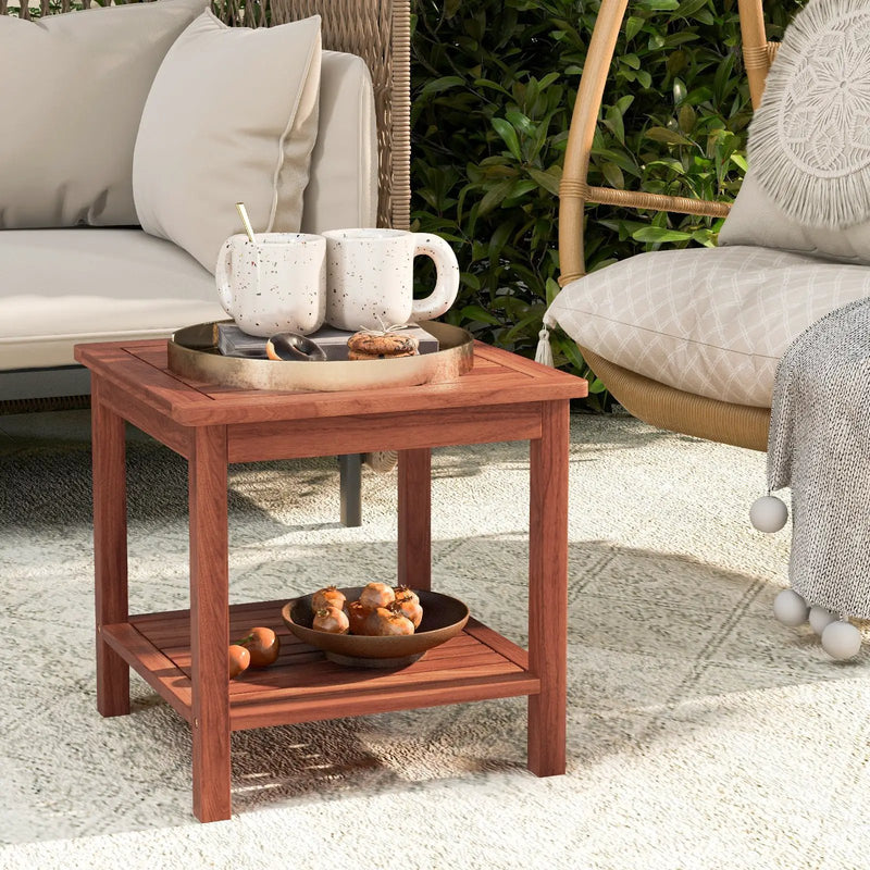 Double-Tier Acacia Wood Patio Side Table with Slatted Tabletop and Shelf by DirectDeals