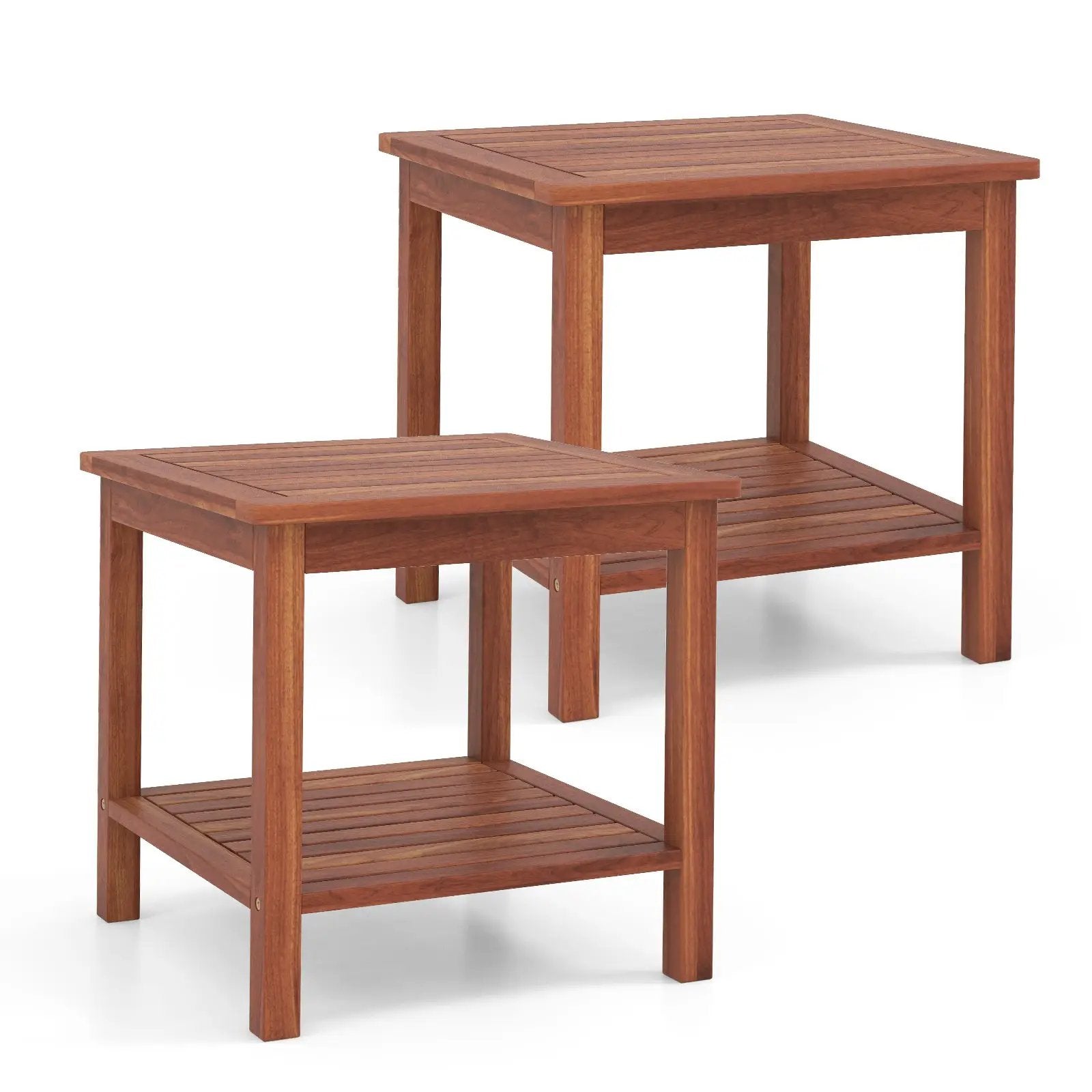 Set of 2 Double-Tier Acacia Wood Patio Side Table with Slatted Tabletop and Shelf by DirectDeals
