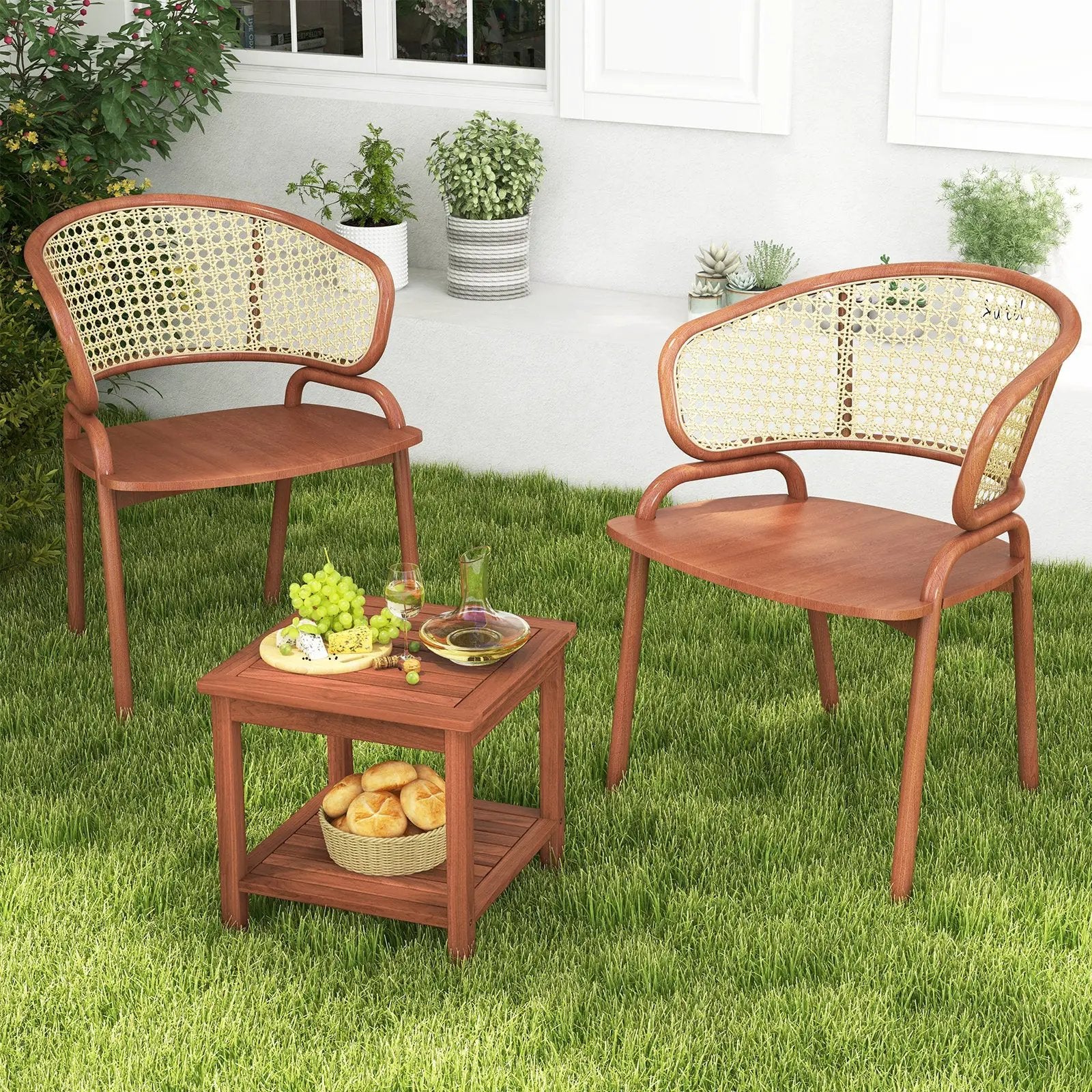 Set of 2 Double-Tier Acacia Wood Patio Side Table with Slatted Tabletop and Shelf by DirectDeals