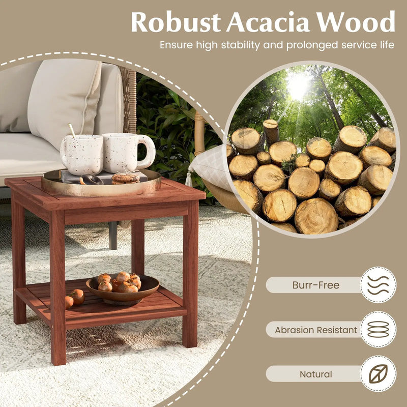 Set of 2 Double-Tier Acacia Wood Patio Side Table with Slatted Tabletop and Shelf by DirectDeals