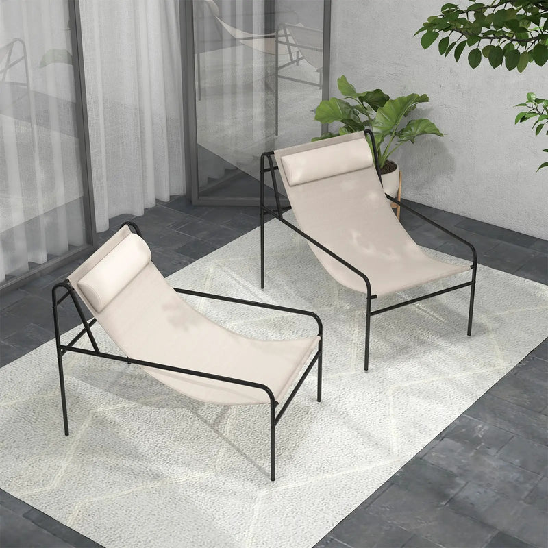Patio Sling Lounge Chair with Removable Headrest Pillow and Metal Frame-Beige by DirectDeals