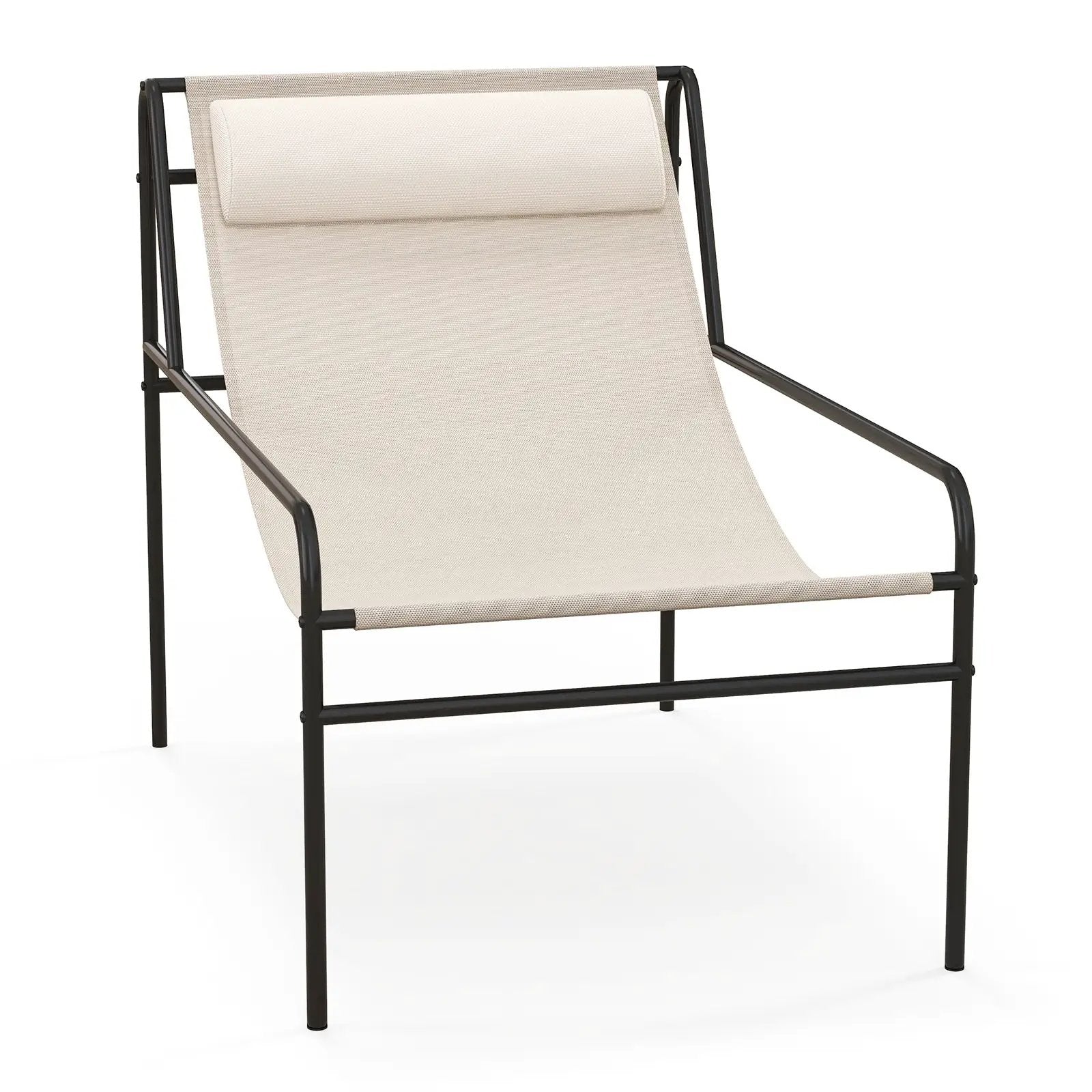 Patio Sling Lounge Chair with Removable Headrest Pillow and Metal Frame-Beige by DirectDeals