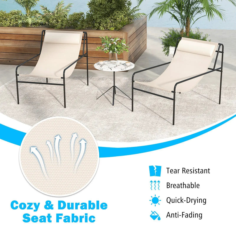 Patio Sling Lounge Chair with Removable Headrest Pillow and Metal Frame-Beige by DirectDeals
