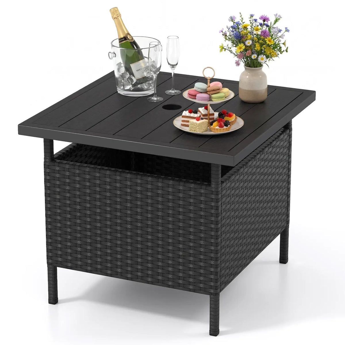 Patio Square Wicker Side Table with Umbrella Hole for Yard Garden Poolside by DirectDeals