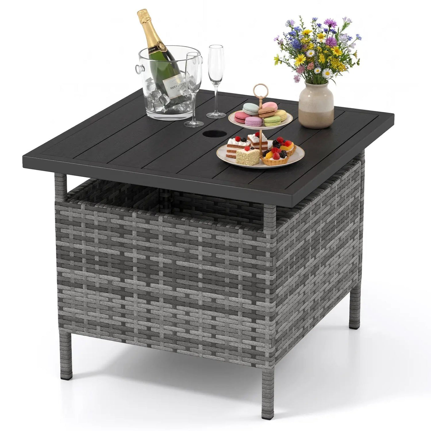 Patio Square Wicker Side Table with Umbrella Hole for Yard Garden Poolside by DirectDeals