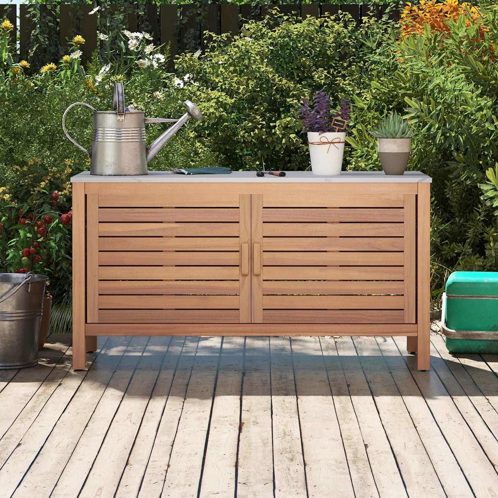 Patio Storage Cabinet 2-Door Acacia Wood Storage Container with Faux Marble Top by DirectDeals