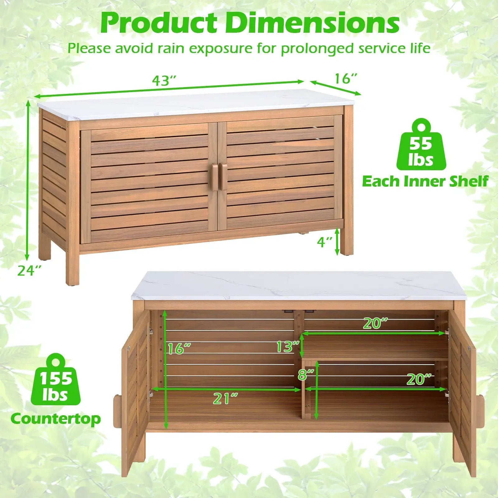 Patio Storage Cabinet 2-Door Acacia Wood Storage Container with Faux Marble Top by DirectDeals