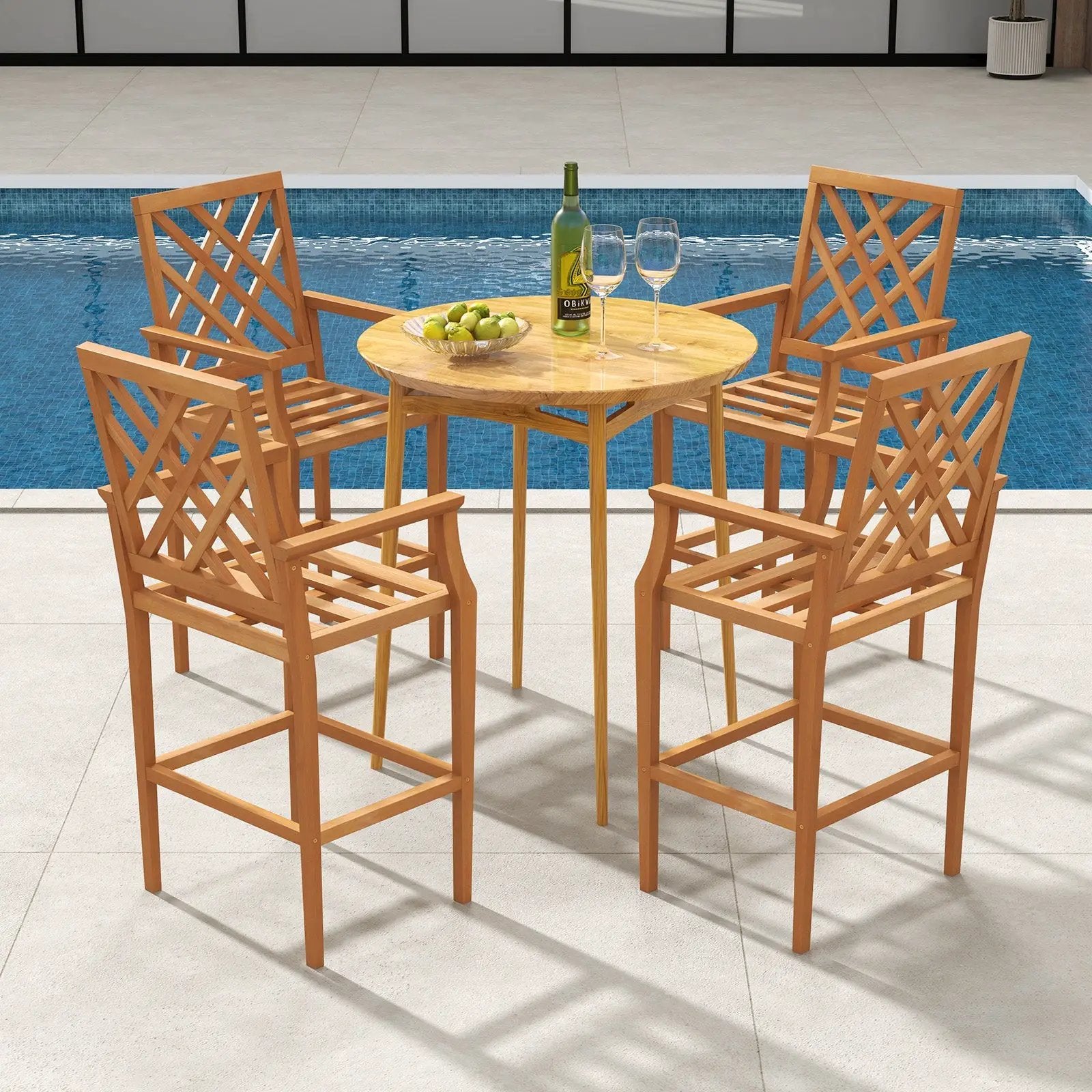 Patio Teak Wood Bar Stool Outdoor Counter Height Chair with Ergonomic Backrest by DirectDeals