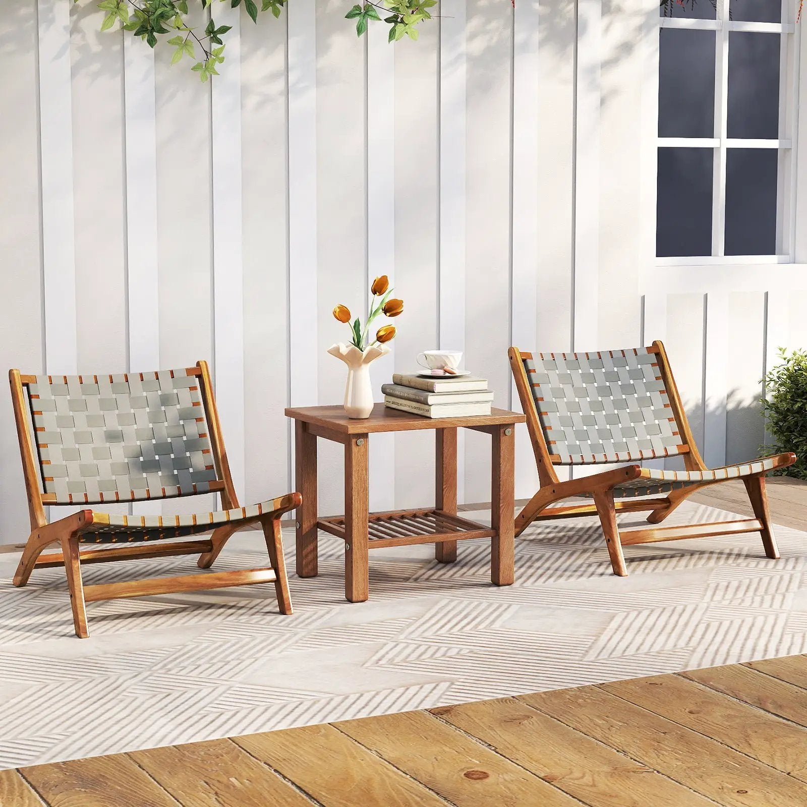 Patio Teak Wood Chair Outdoor Mid-Century Accent Chair with Nylon Webbing Seat by DirectDeals