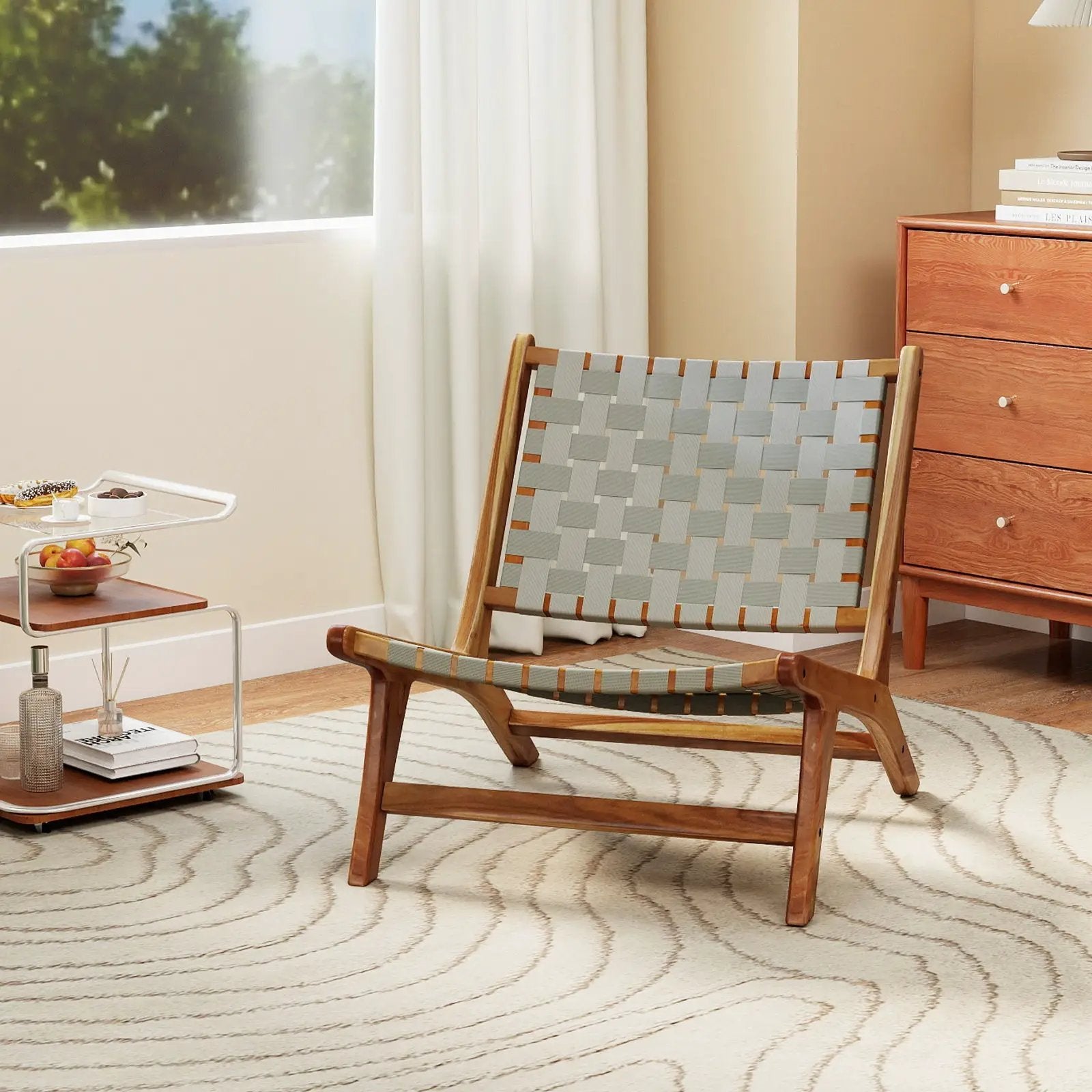 Patio Teak Wood Chair Outdoor Mid-Century Accent Chair with Nylon Webbing Seat by DirectDeals