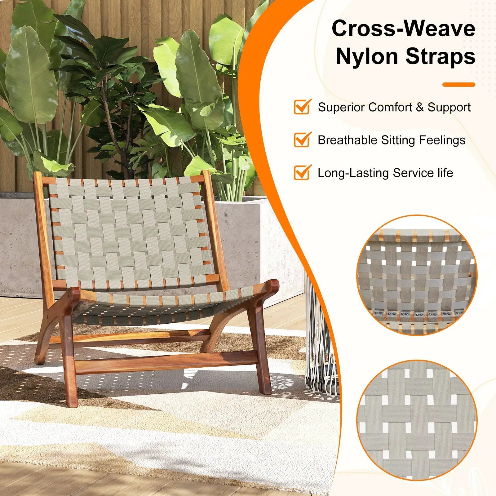 Patio Teak Wood Chair Outdoor Mid-Century Accent Chair with Nylon Webbing Seat by DirectDeals