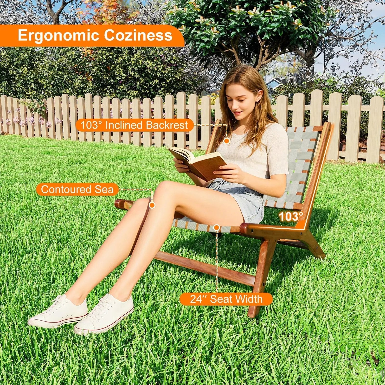 Patio Teak Wood Chair Outdoor Mid-Century Accent Chair with Nylon Webbing Seat by DirectDeals