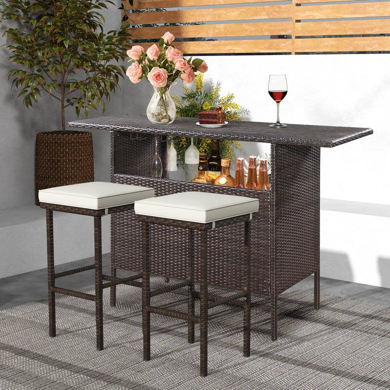 Patio Wicker Bar Stools Set of 2 with Seat Cushions and Footrest by DirectDeals