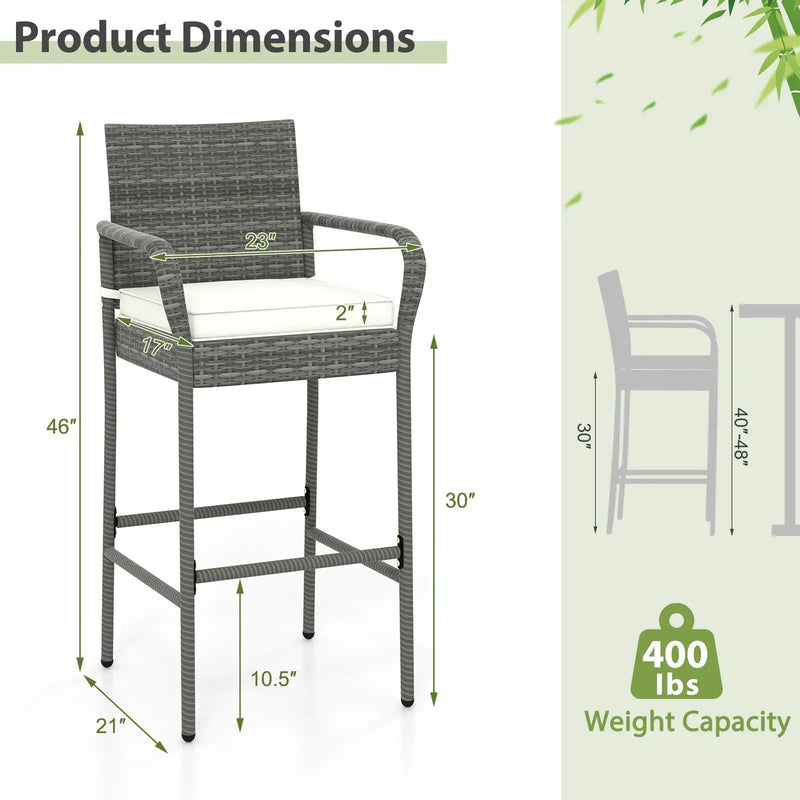 Patio Wicker Barstools with Armrests and Soft Cushions for Porch Backyard Set of 2 by DirectDeals