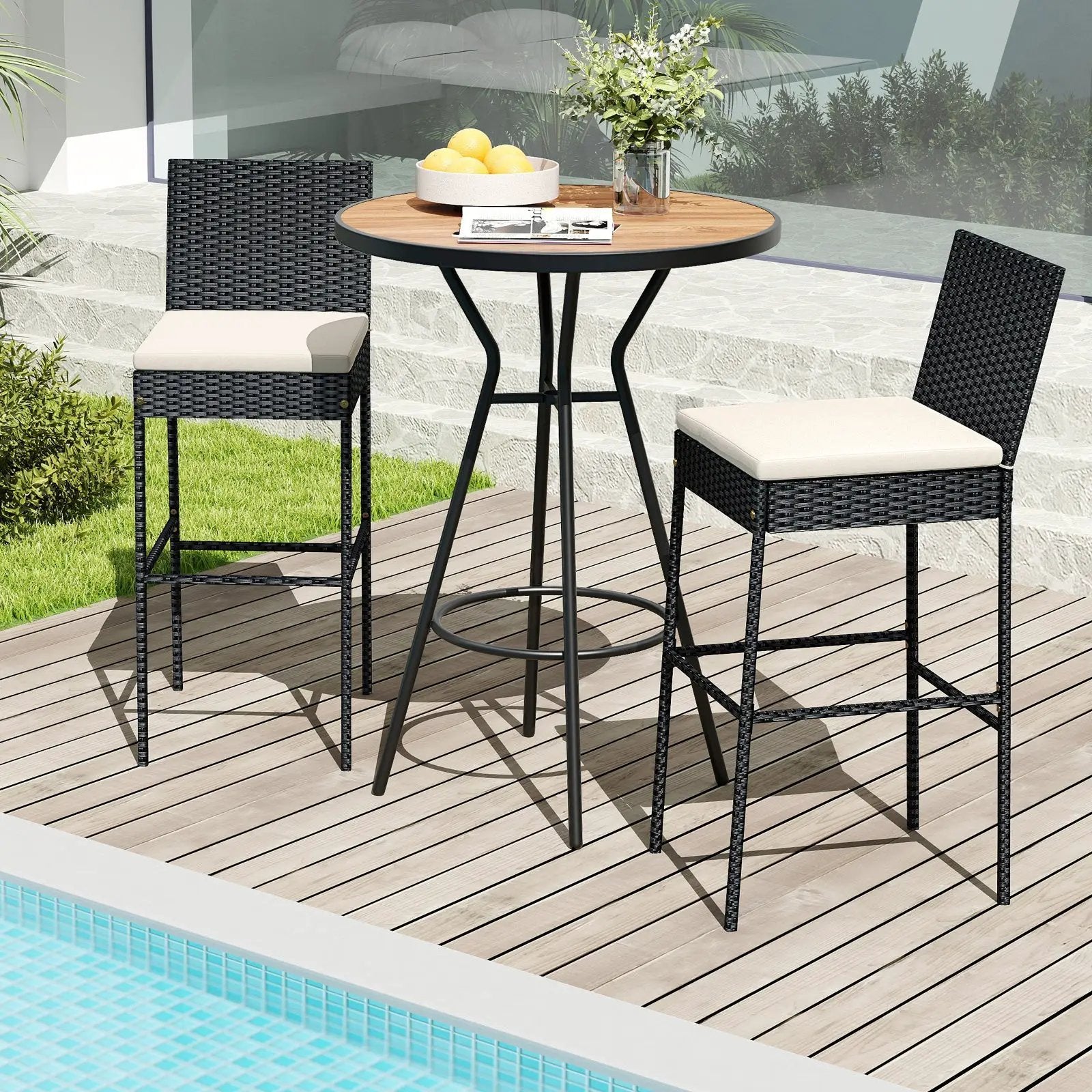 Patio Wicker Barstools with Footrest and Backrest Set of 4 by DirectDeals