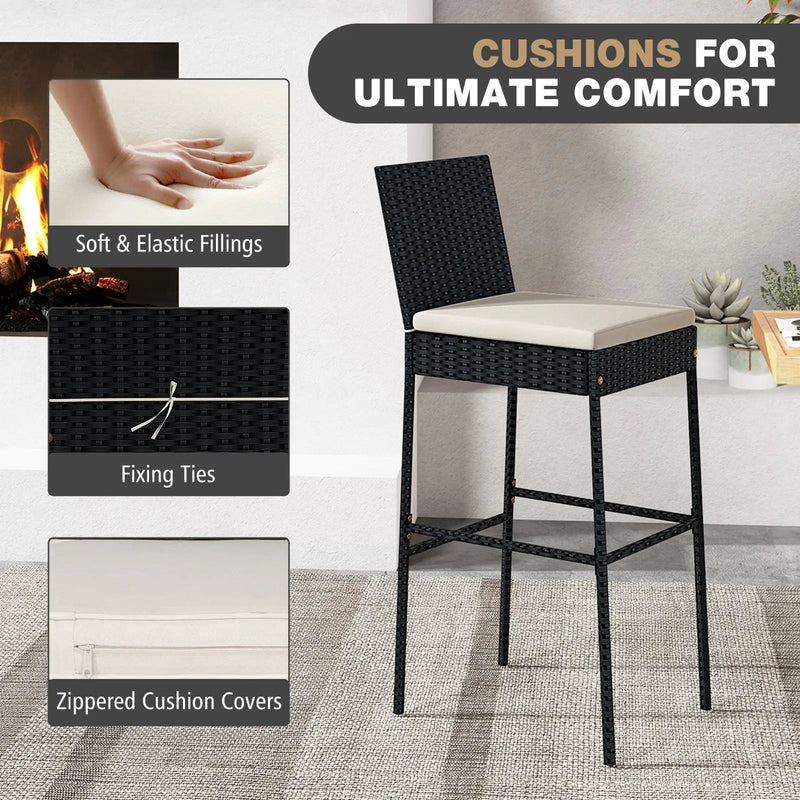 Patio Wicker Barstools with Footrest and Backrest Set of 4 by DirectDeals