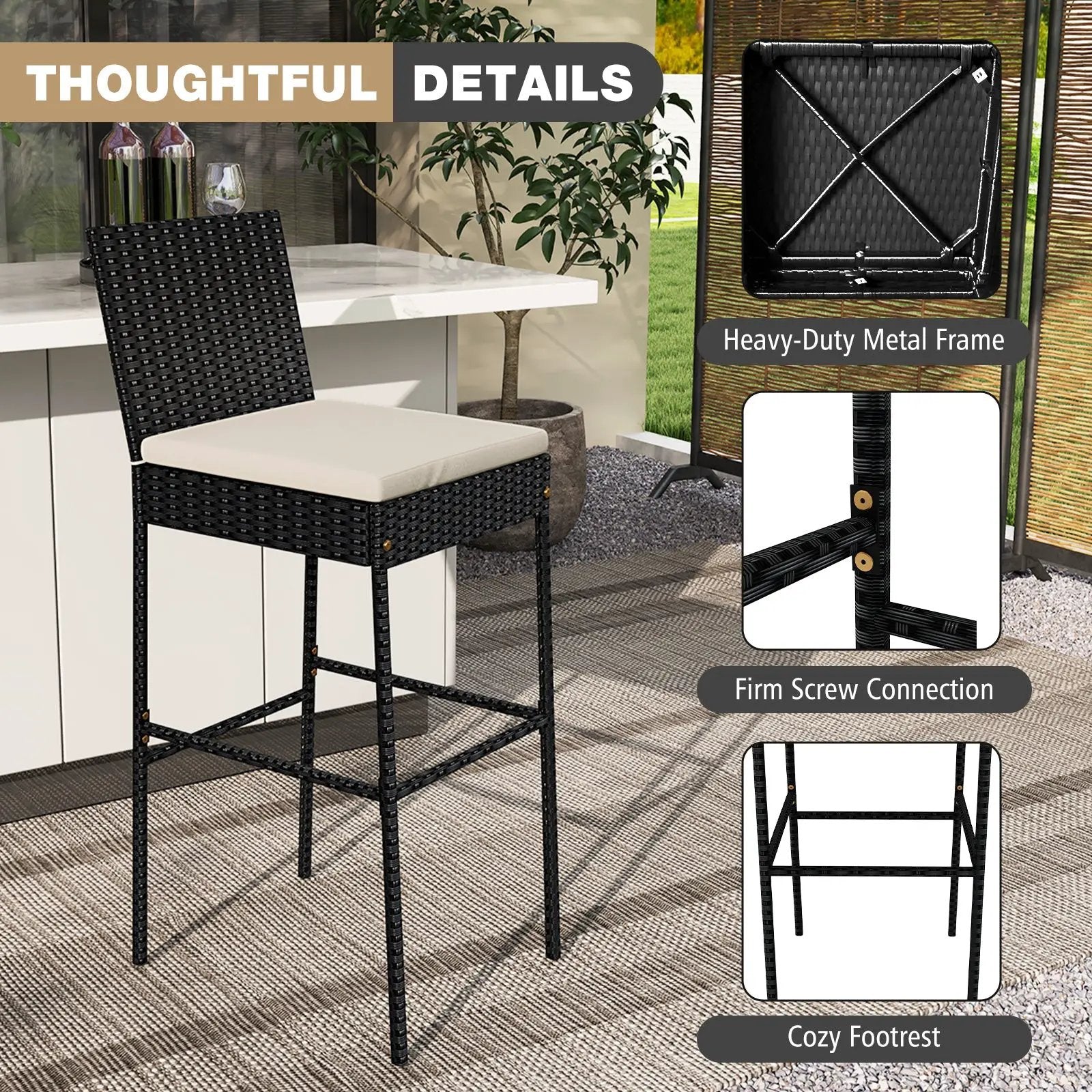 Patio Wicker Barstools with Footrest and Backrest Set of 4 by DirectDeals