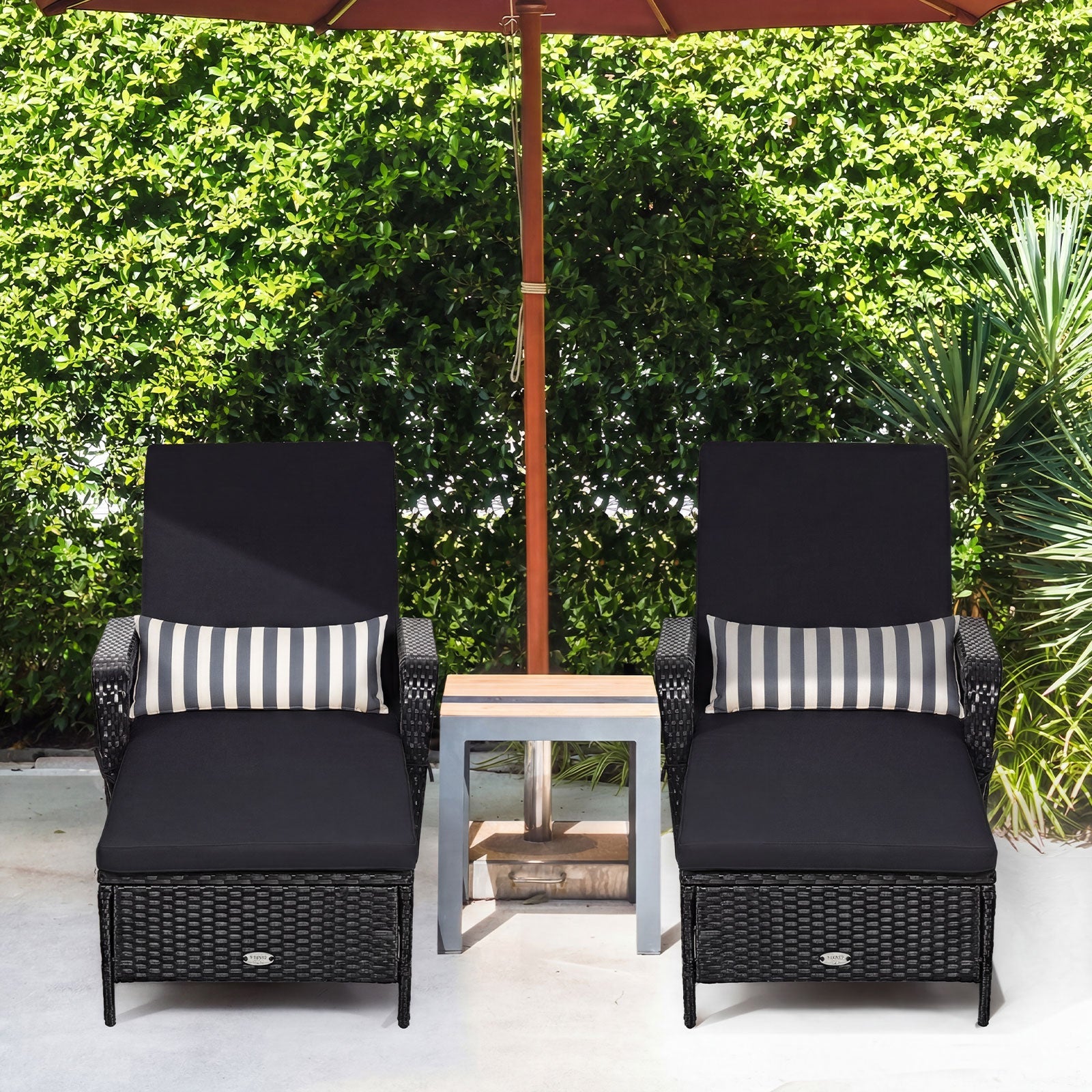 Patio Wicker Chaise Lounge Chair with Pillow and Adjustable Backrest with Cushion-Black by DirectDeals