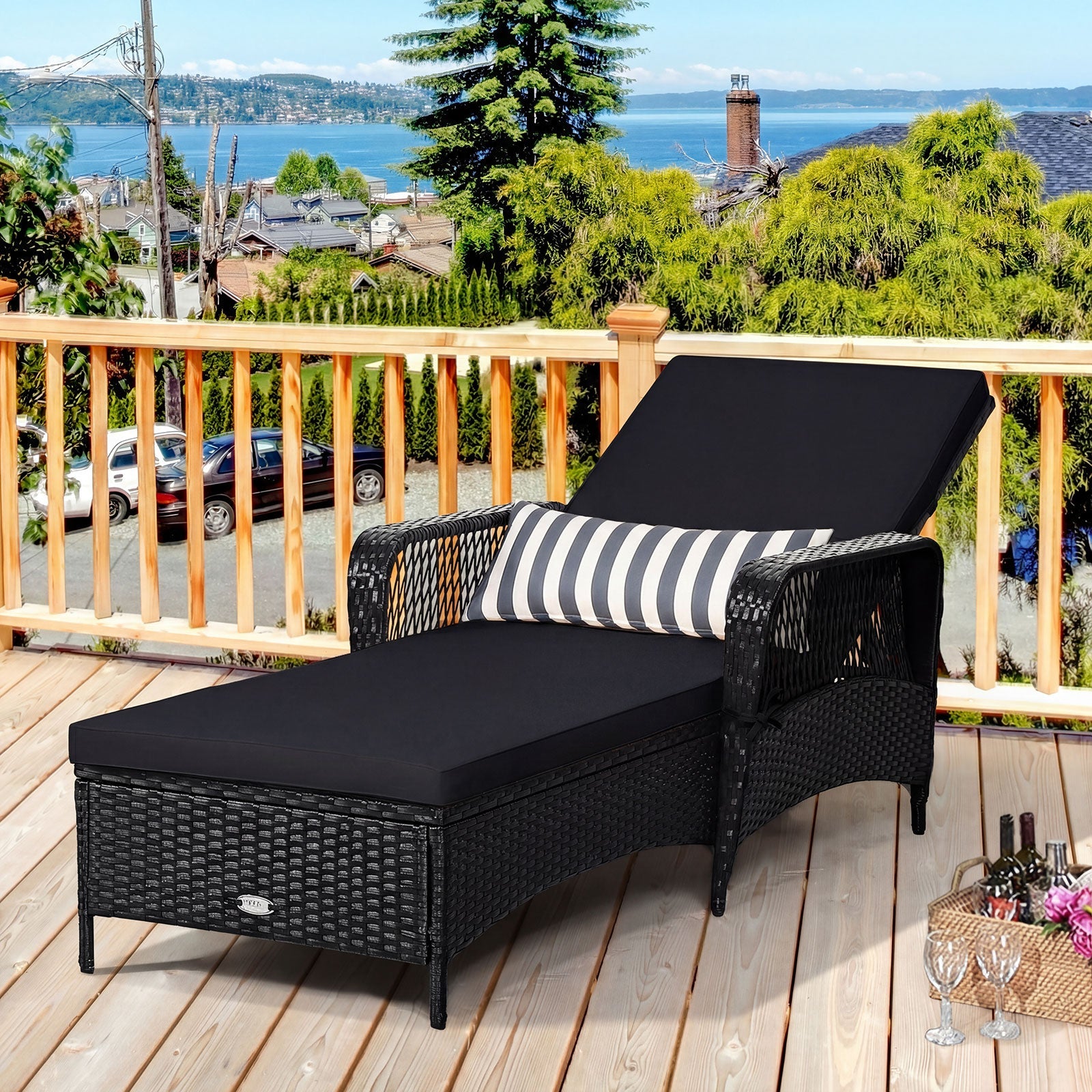 Patio Wicker Chaise Lounge Chair with Pillow and Adjustable Backrest with Cushion-Black by DirectDeals