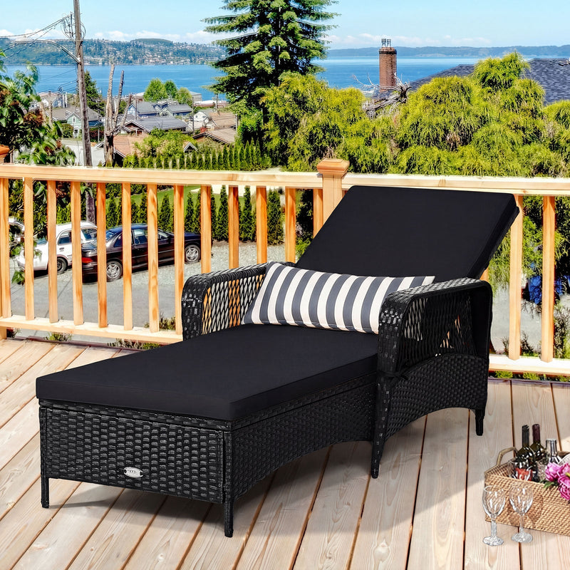 Patio Wicker Chaise Lounge Chair with Pillow and Adjustable Backrest with Cushion-Black by DirectDeals
