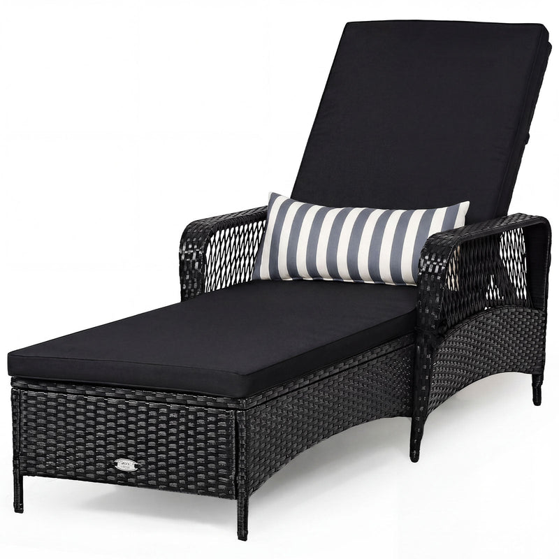 Patio Wicker Chaise Lounge Chair with Pillow and Adjustable Backrest with Cushion-Black by DirectDeals