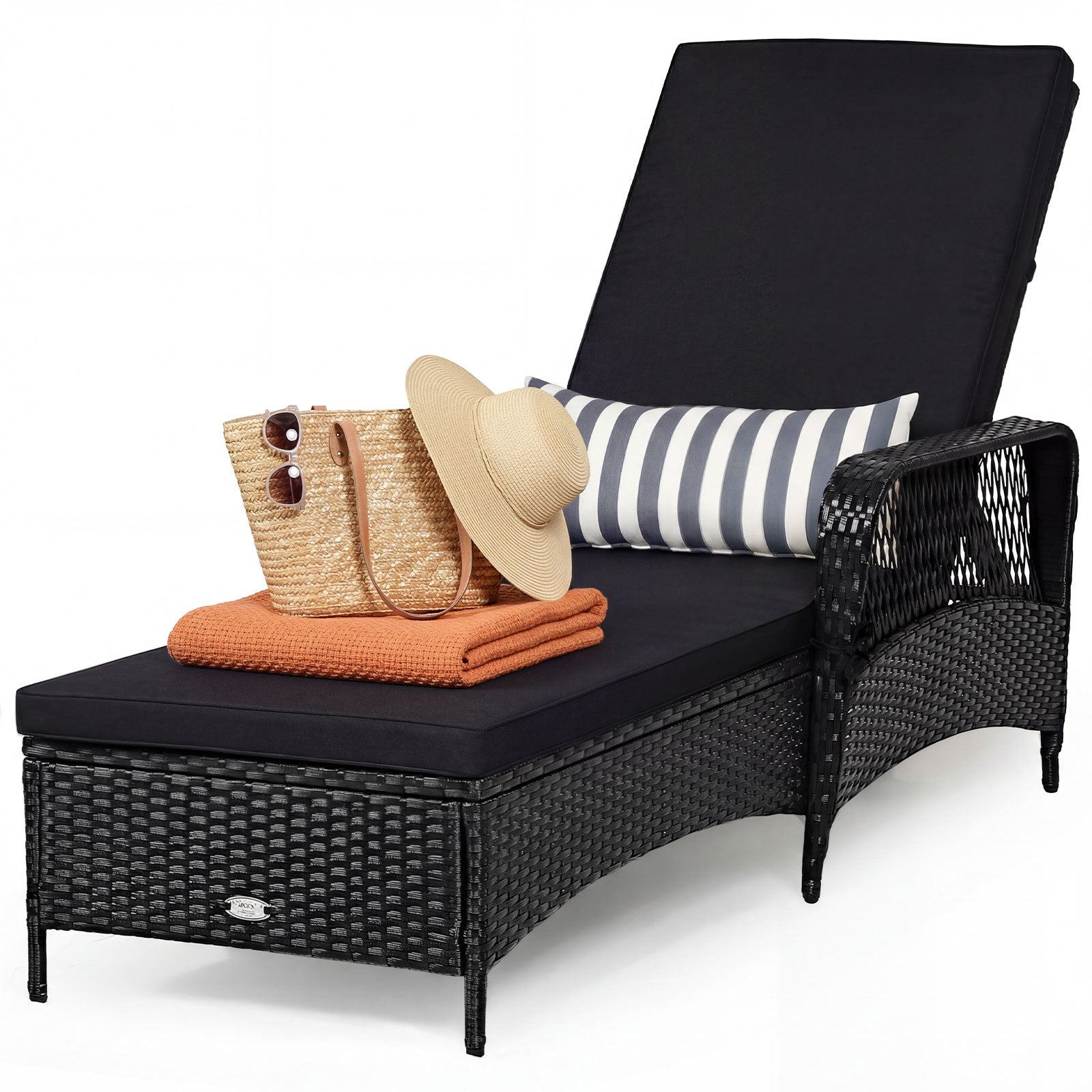 Patio Wicker Chaise Lounge Chair with Pillow and Adjustable Backrest with Cushion-Black by DirectDeals