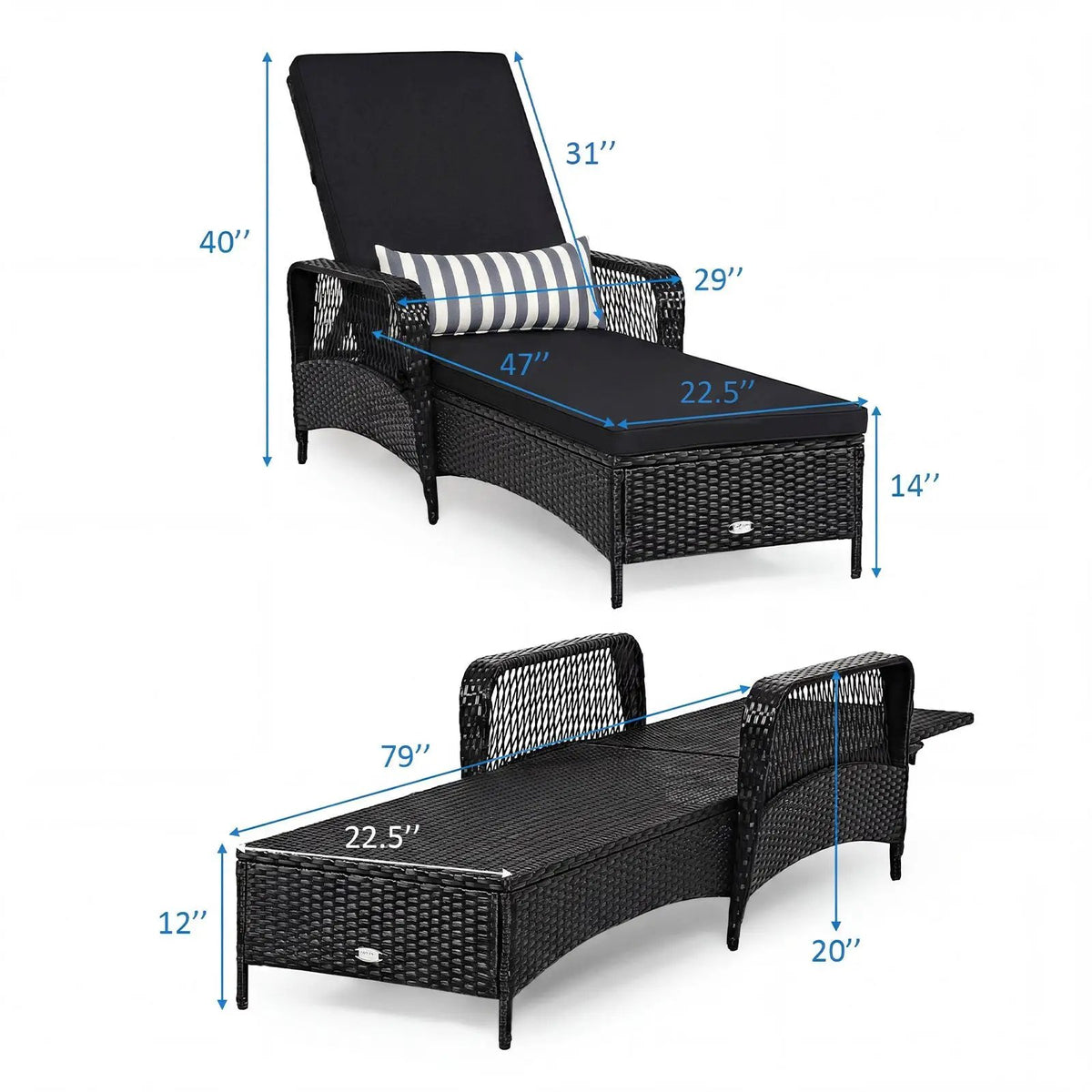 Patio Wicker Chaise Lounge Chair with Pillow and Adjustable Backrest with Cushion-Black by DirectDeals