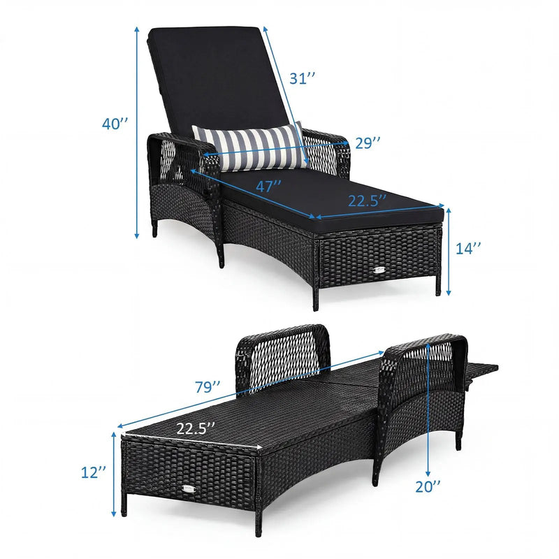 Patio Wicker Chaise Lounge Chair with Pillow and Adjustable Backrest with Cushion-Black by DirectDeals