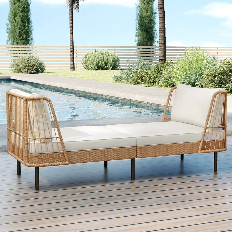 Patio Wicker Daybed Outdoor Boho Rattan Loveseat Sofa with Seat and Back Cushions-White by DirectDeals