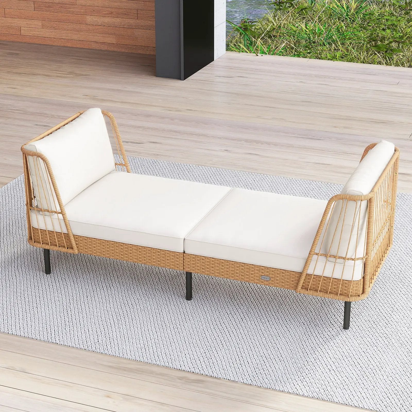 Patio Wicker Daybed Outdoor Boho Rattan Loveseat Sofa with Seat and Back Cushions-White by DirectDeals