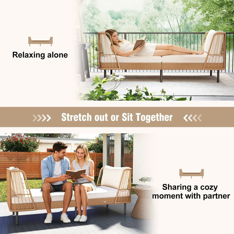 Patio Wicker Daybed Outdoor Boho Rattan Loveseat Sofa with Seat and Back Cushions-White by DirectDeals
