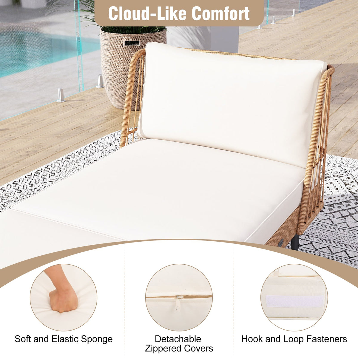 Patio Wicker Daybed Outdoor Boho Rattan Loveseat Sofa with Seat and Back Cushions-White, photo 8 of 10