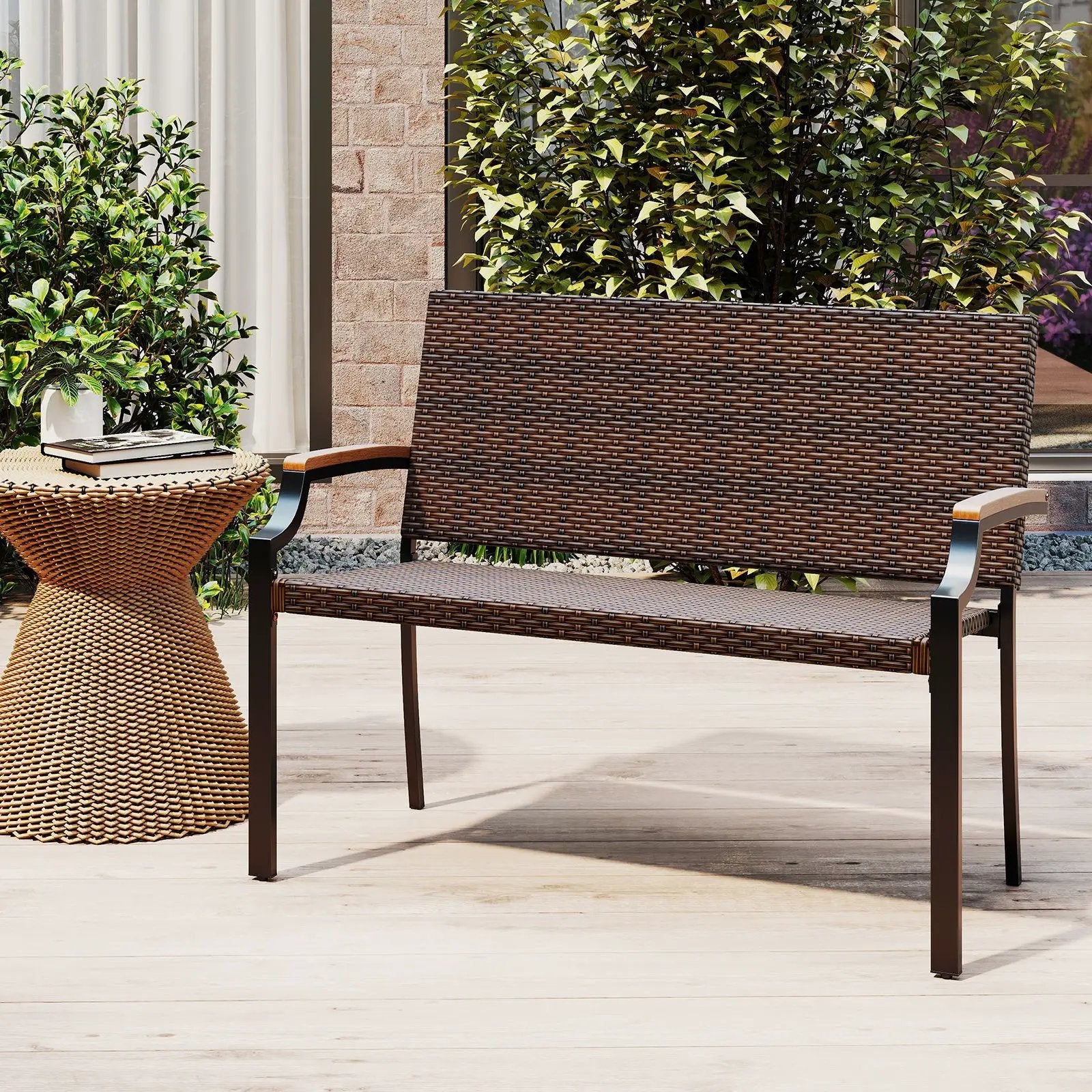 Patio Wicker Loveseat Chair with Acacia Wood Armrests and Metal Frame by DirectDeals