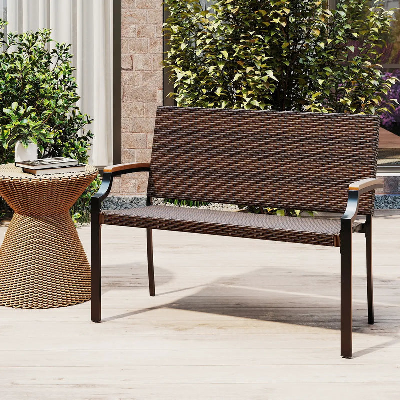 Patio Wicker Loveseat Chair with Acacia Wood Armrests and Metal Frame by DirectDeals