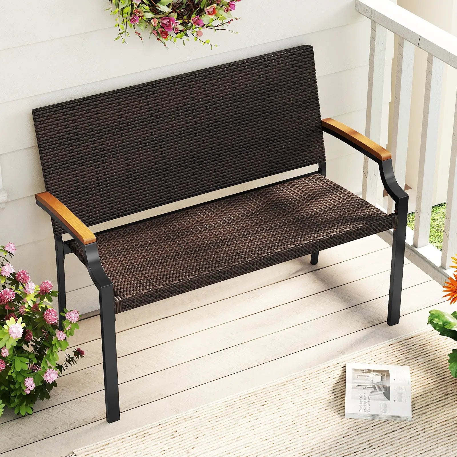 Patio Wicker Loveseat Chair with Acacia Wood Armrests and Metal Frame by DirectDeals