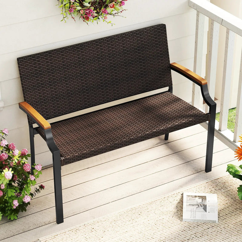 Patio Wicker Loveseat Chair with Acacia Wood Armrests and Metal Frame by DirectDeals