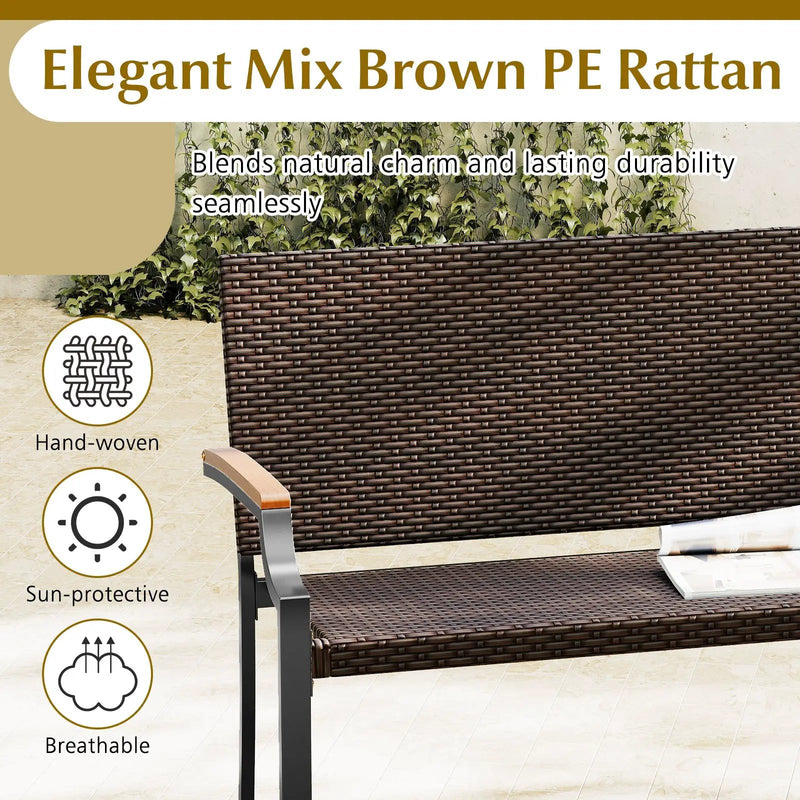 Patio Wicker Loveseat Chair with Acacia Wood Armrests and Metal Frame by DirectDeals