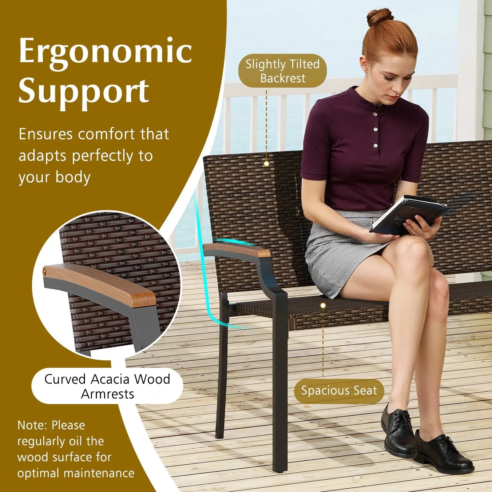Patio Wicker Loveseat Chair with Acacia Wood Armrests and Metal Frame by DirectDeals