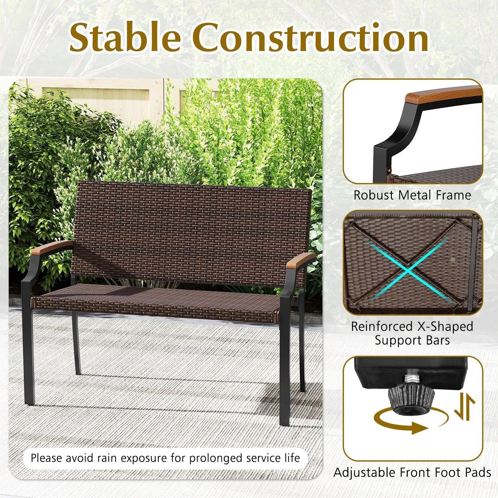 Patio Wicker Loveseat Chair with Acacia Wood Armrests and Metal Frame by DirectDeals