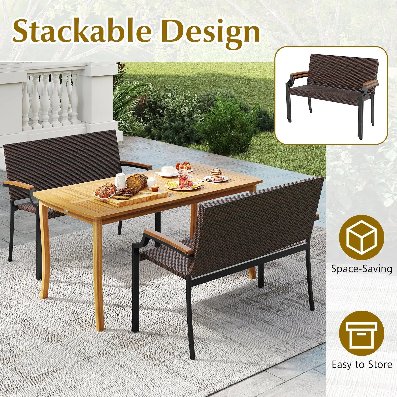 Patio Wicker Loveseat Chair with Acacia Wood Armrests and Metal Frame by DirectDeals