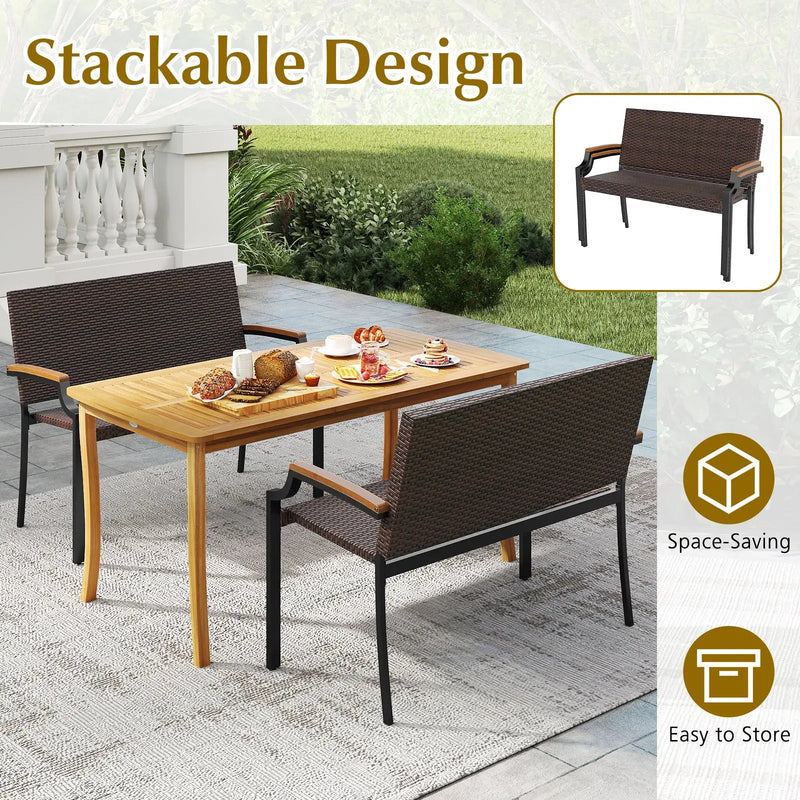 Patio Wicker Loveseat Chair with Acacia Wood Armrests and Metal Frame by DirectDeals