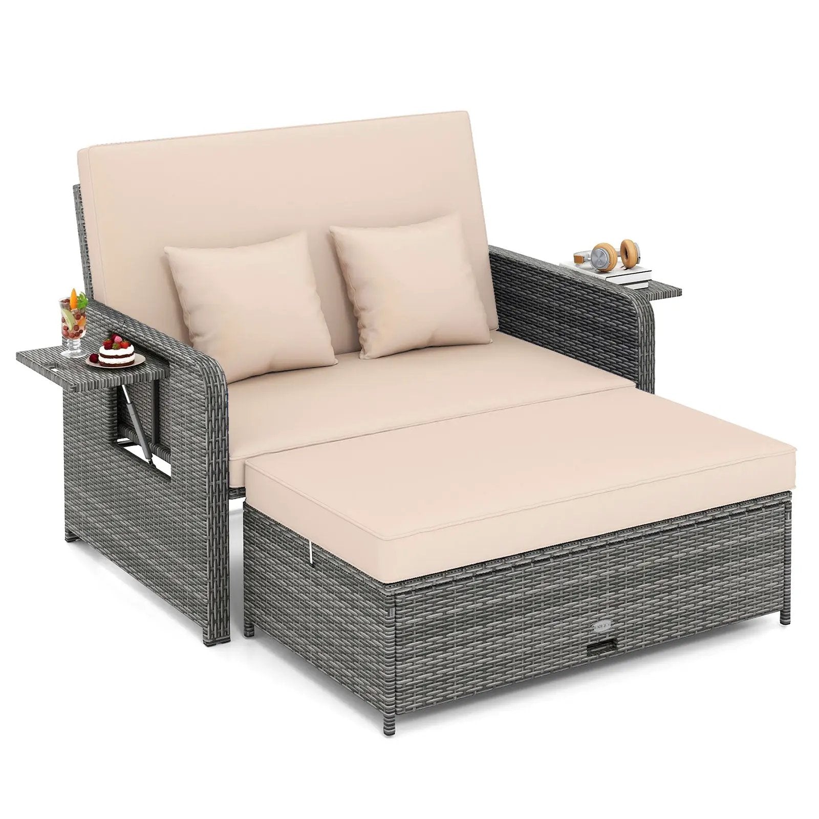 Patio Wicker Loveseat Sofa with Multipurpose Ottoman and Retractable Side Tray by DirectDeals