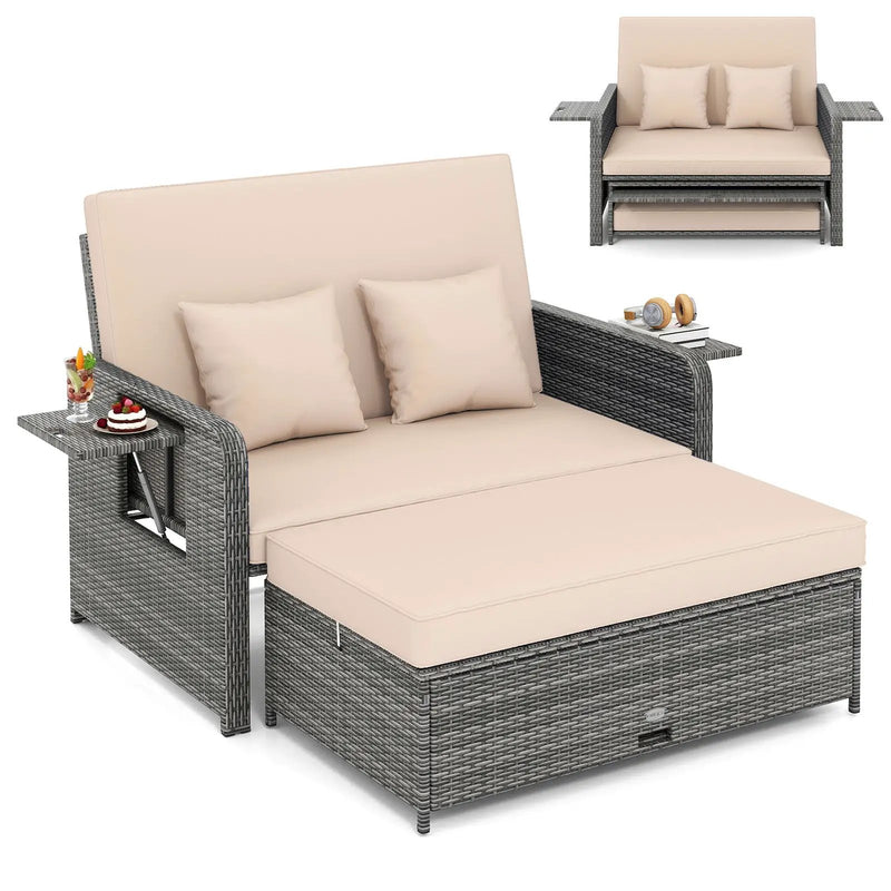 Patio Wicker Loveseat Sofa with Multipurpose Ottoman and Retractable Side Tray by DirectDeals