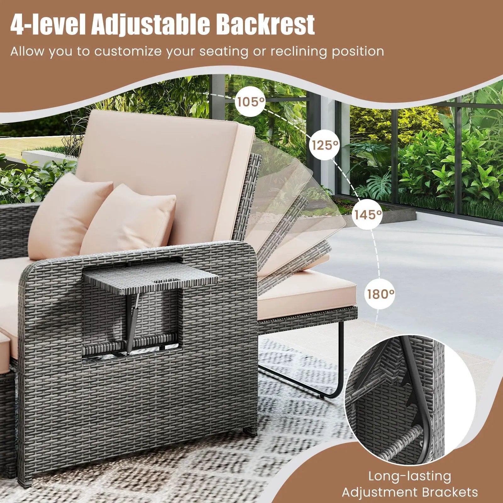 Patio Wicker Loveseat Sofa with Multipurpose Ottoman and Retractable Side Tray by DirectDeals