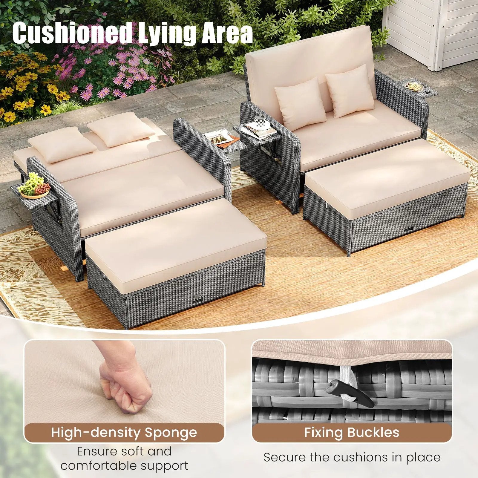 Patio Wicker Loveseat Sofa with Multipurpose Ottoman and Retractable Side Tray by DirectDeals