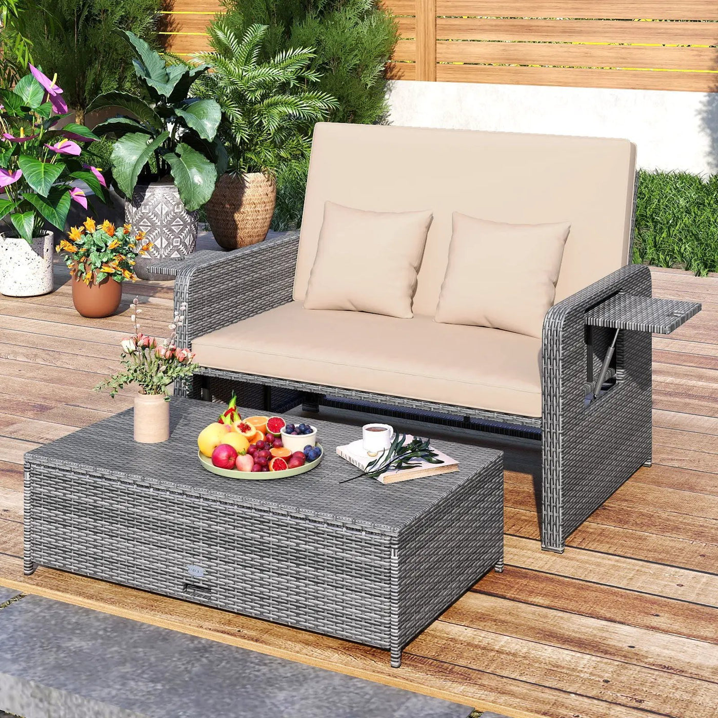 Patio Wicker Loveseat Sofa with Multipurpose Ottoman and Retractable Side Tray by DirectDeals