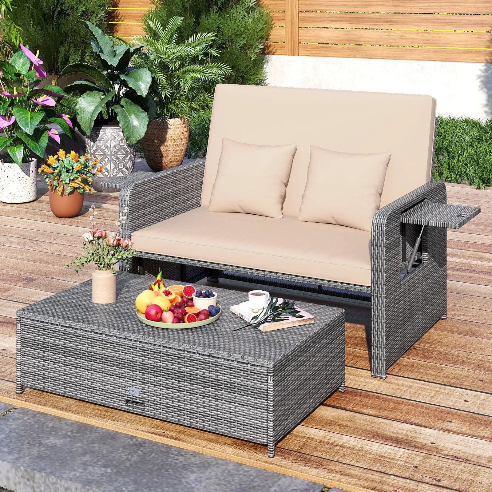 Patio Wicker Loveseat Sofa with Multipurpose Ottoman and Retractable Side Tray by DirectDeals