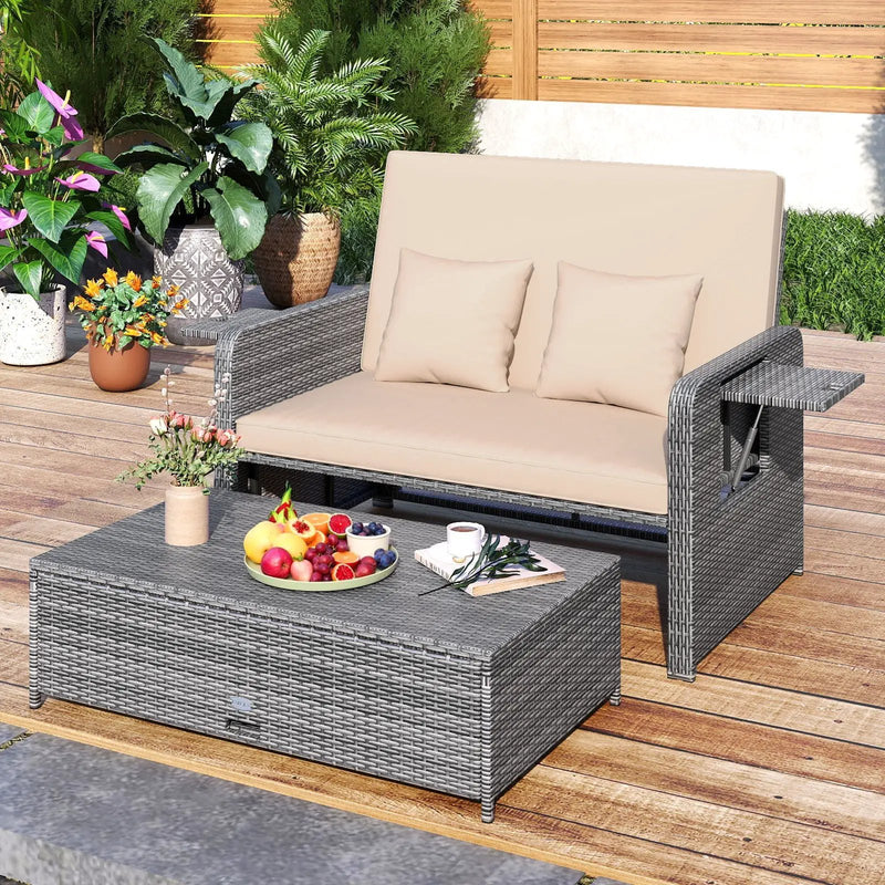 Patio Wicker Loveseat Sofa with Multipurpose Ottoman and Retractable Side Tray by DirectDeals