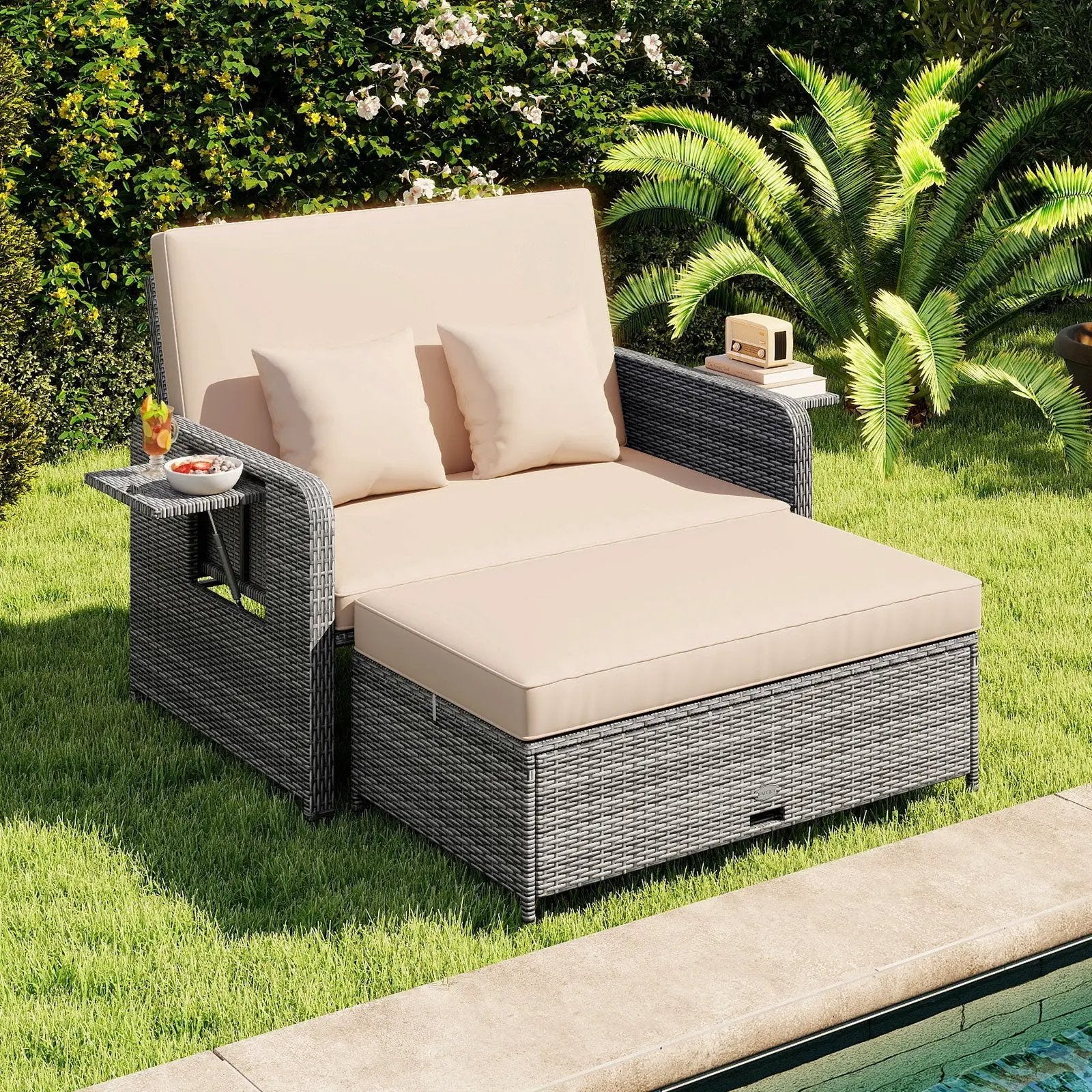 Patio Wicker Loveseat Sofa with Multipurpose Ottoman and Retractable Side Tray by DirectDeals